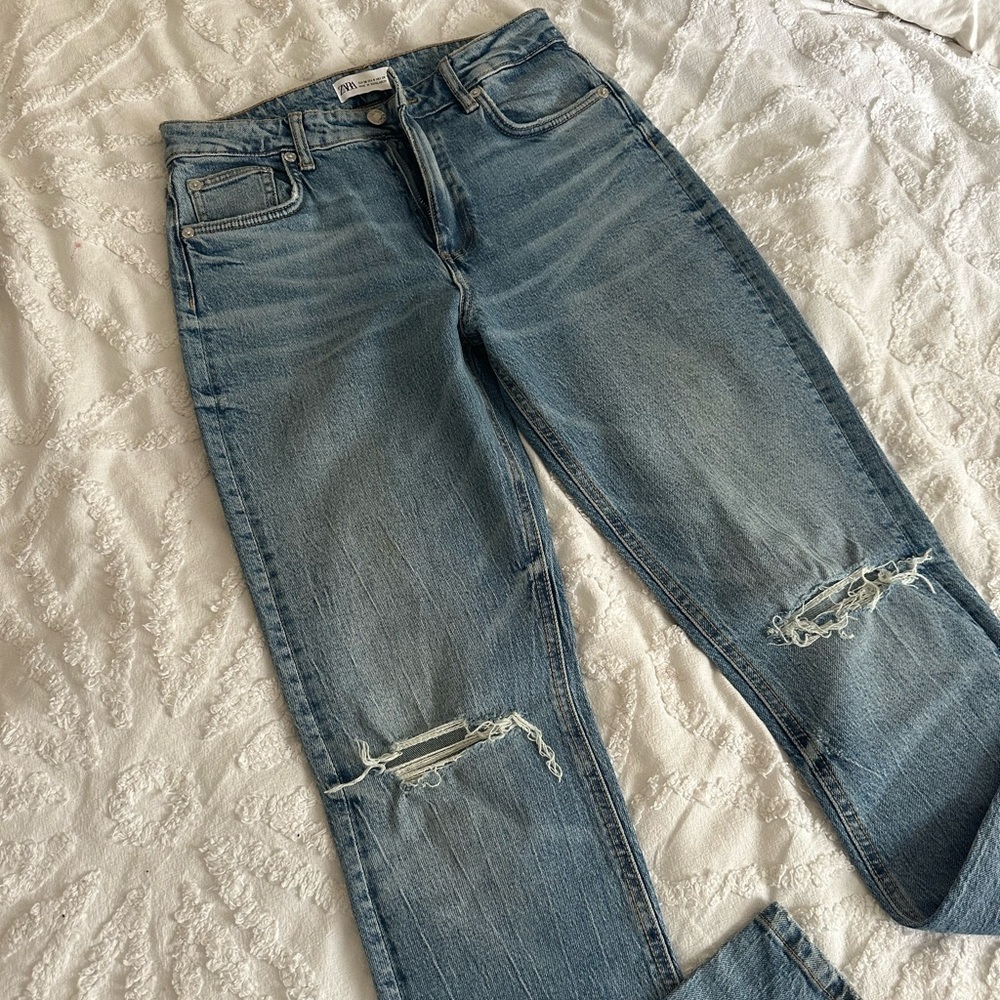 Zara Blue Straight Leg Jeans with Distressed Details